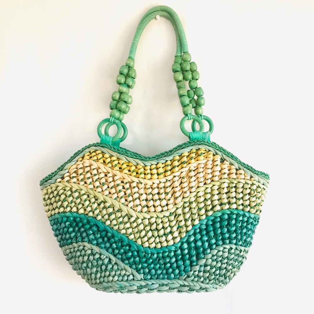 Coldwater Creek Woven Natural Rattan Dyed Teal-Green Tones Handbag Purse Bag EUC